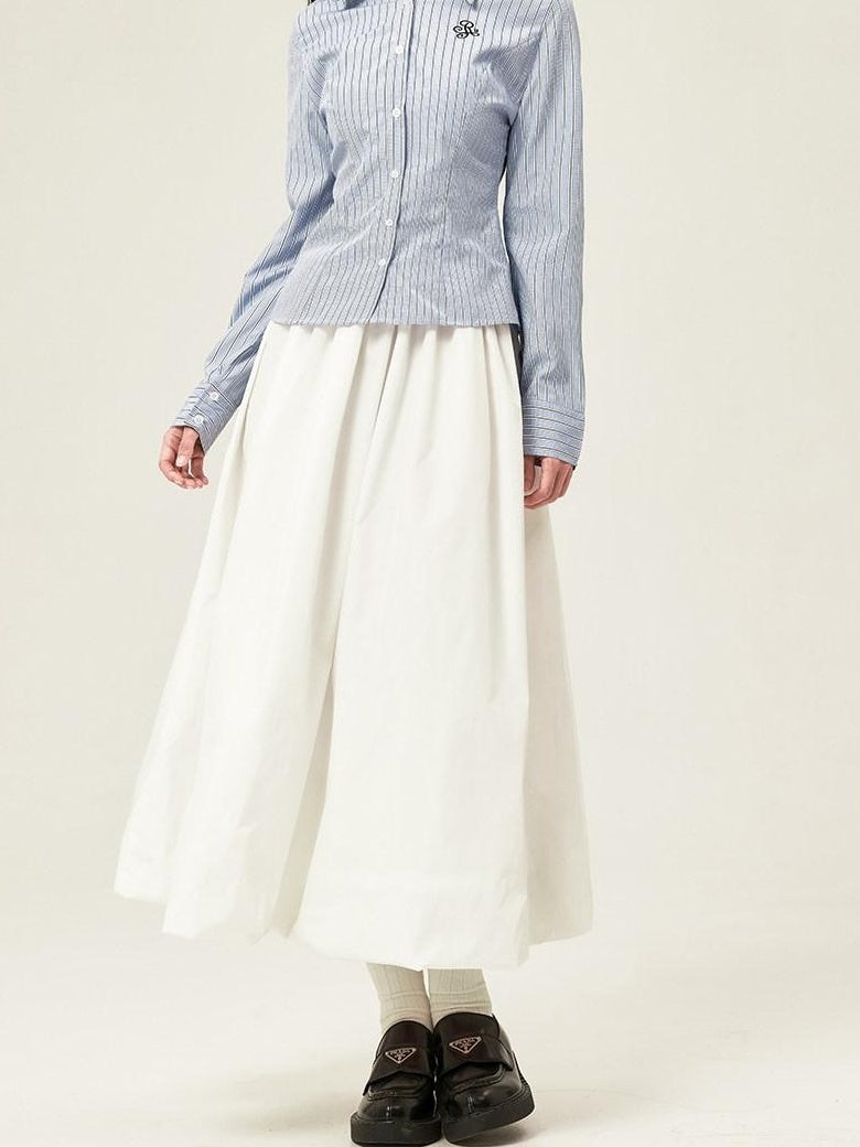 ikyou High Waist Gathered A Line Bubble Hem Office Solid White Midi Skirts
