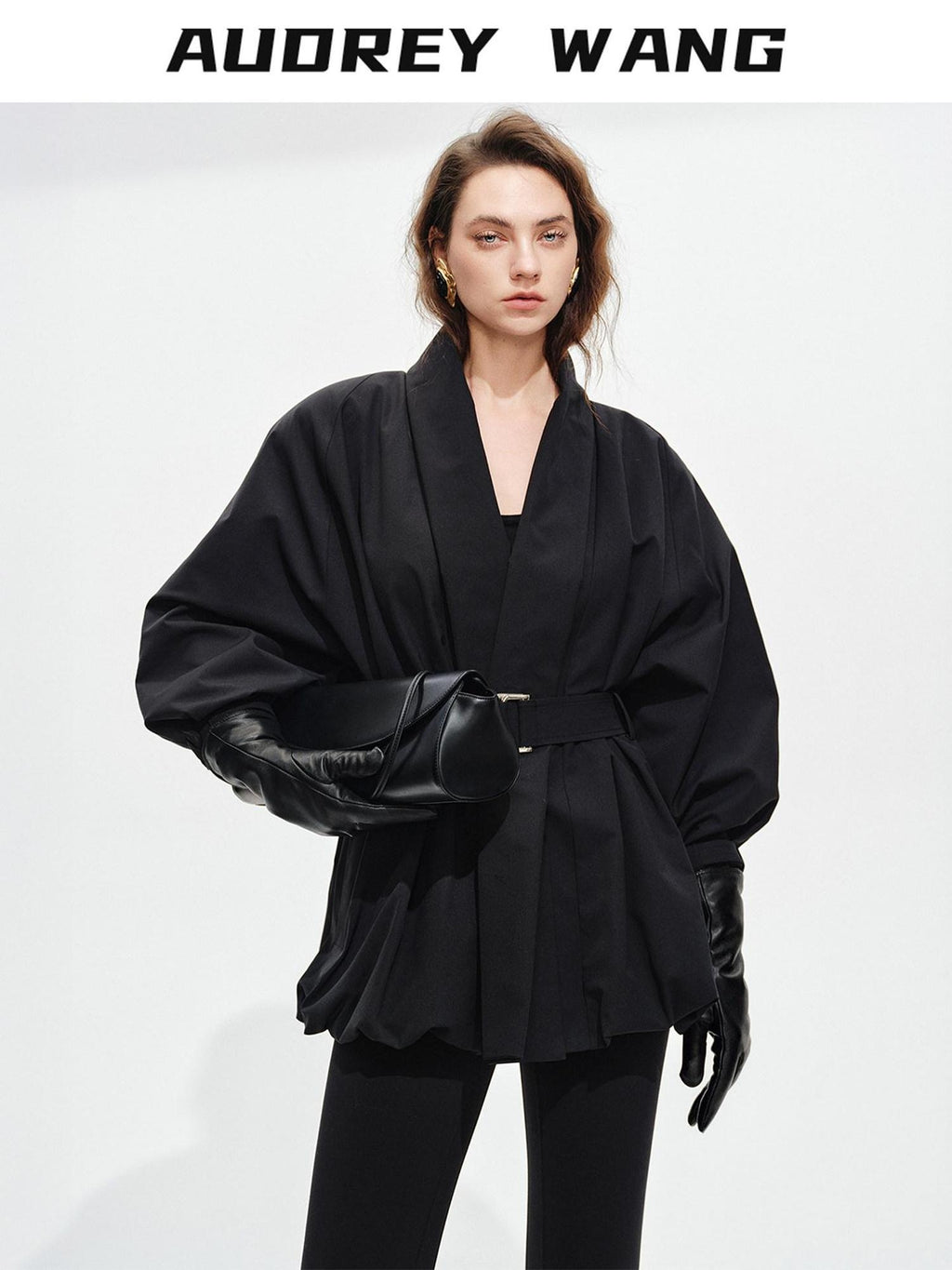 audreyyang Tie Front Vintage Oversized Batwing Sleeve Women Polyester Cropped Jackets
