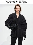 audreyyang Tie Front Vintage Oversized Batwing Sleeve Women Polyester Cropped Jackets