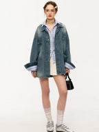 ikyou Shape Retaining Vintage Loose 3D Detail Women Midlength Blue Denim Jackets