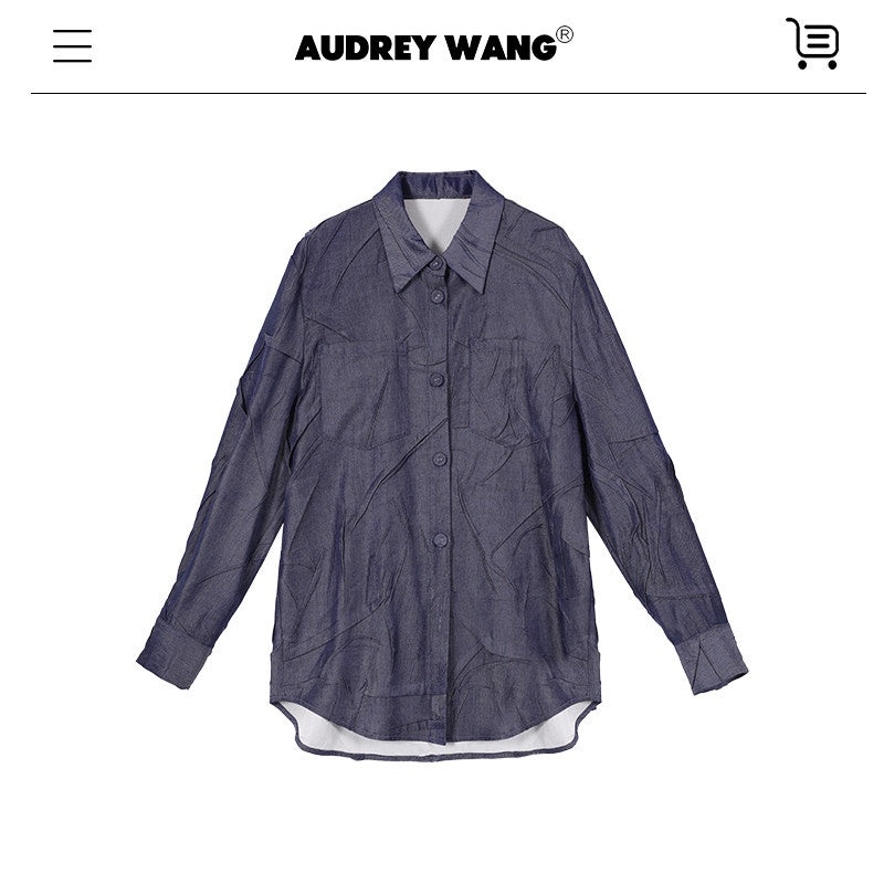 audreyyang_Original_Pleated_Faux_Denim_Relaxed_Buttoned_Collared_Girls_Top_&_Skirt_Sets_MISSTT
