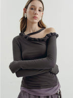 someonesometimes Lyocell Linen Blend Asymmetric Neckline Slim Fit Women Long Sleeve T-Shirts