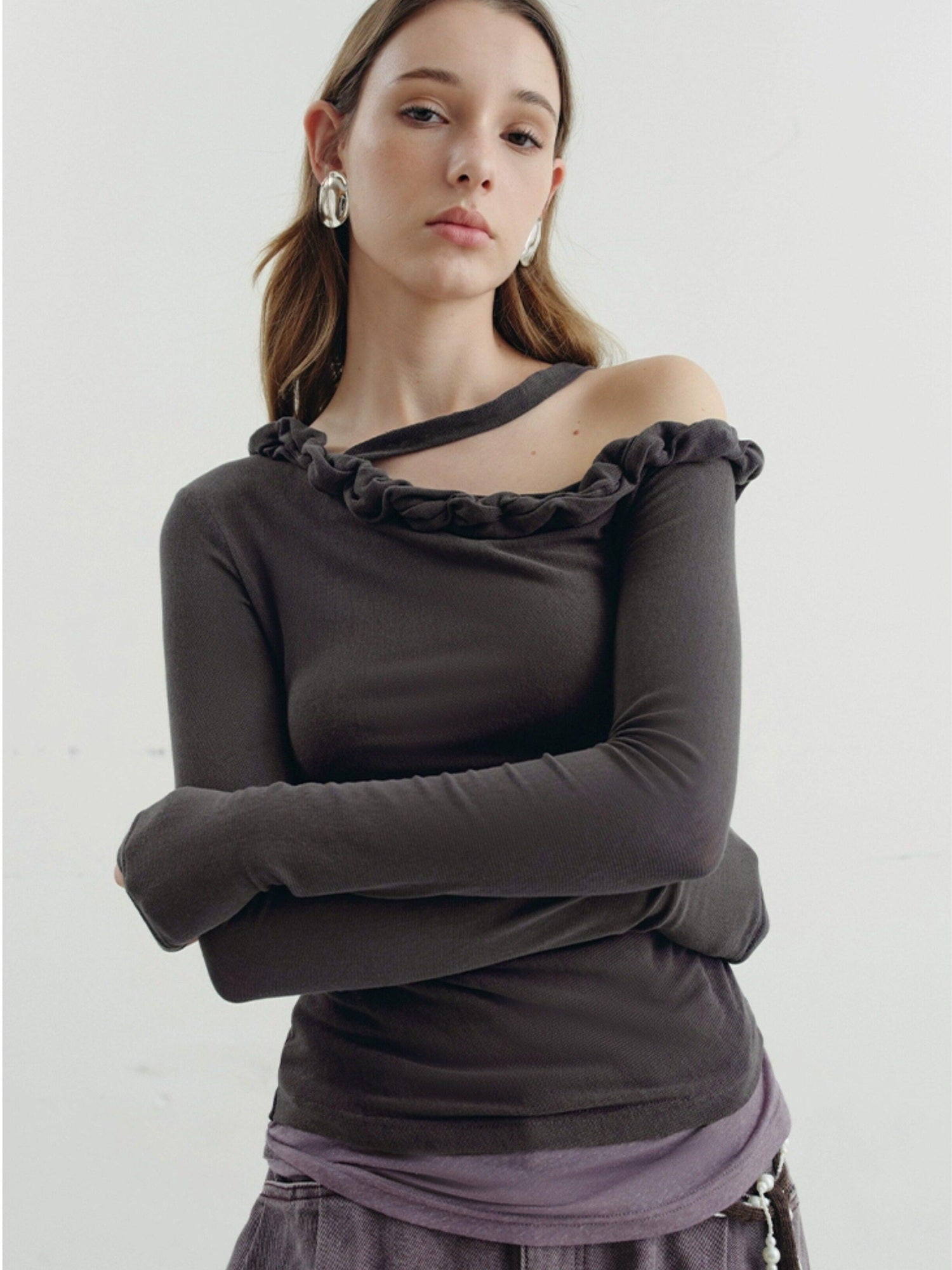 someonesometimes Lyocell Linen Blend Asymmetric Neckline Slim Fit Women Long Sleeve T-Shirts