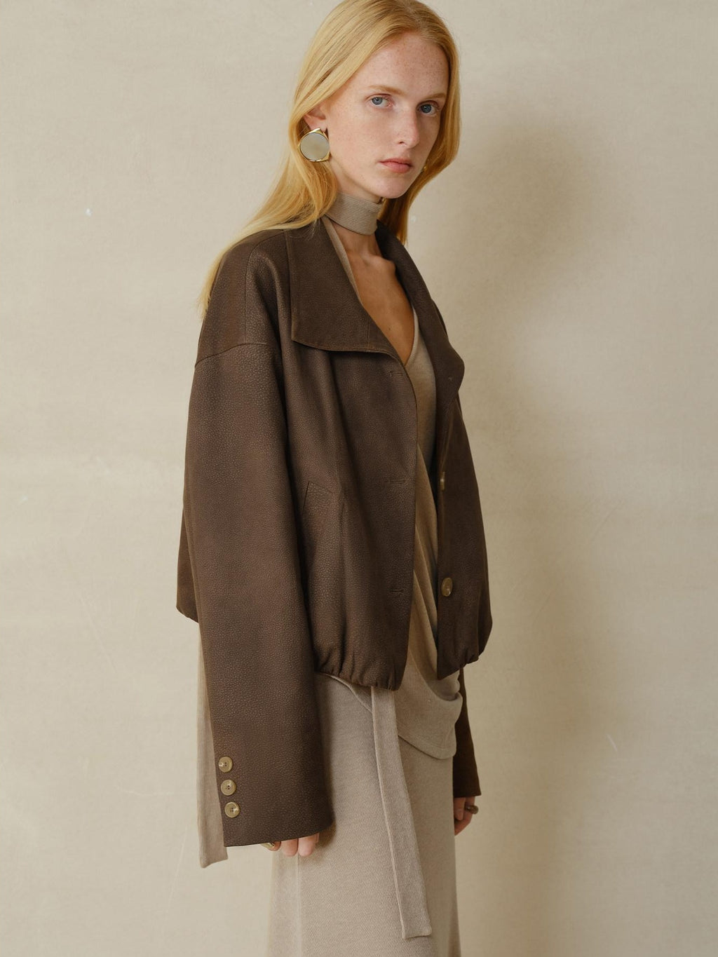 someonesometimes Stretch Polyester Vintage Loose Short Zip Women Coffee Brown Cropped Jackets