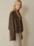 someonesometimes Stretch Polyester Vintage Loose Short Zip Women Coffee Brown Cropped Jackets
