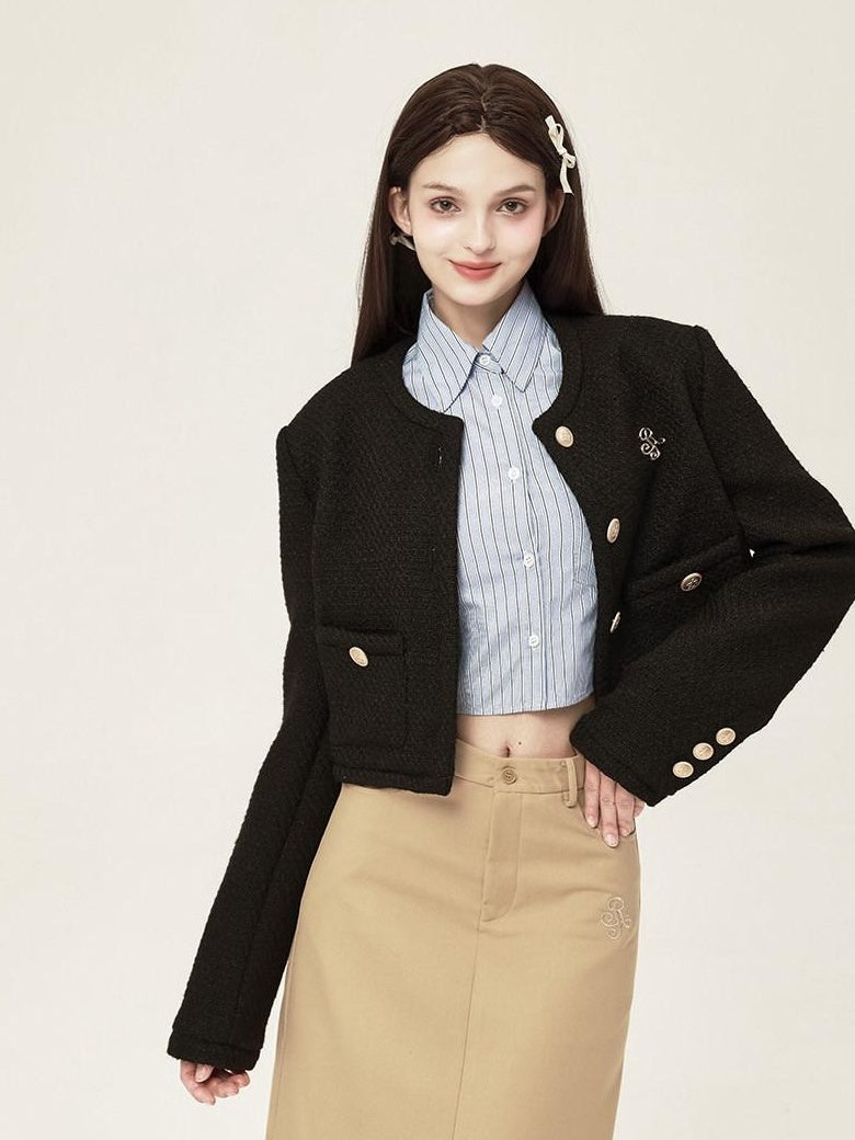 ikyou 3D Button Trim Slim Fit Office Long Sleeve Solid Polyester Cropped Jackets