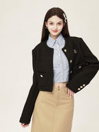 ikyou 3D Button Trim Slim Fit Office Long Sleeve Solid Polyester Cropped Jackets