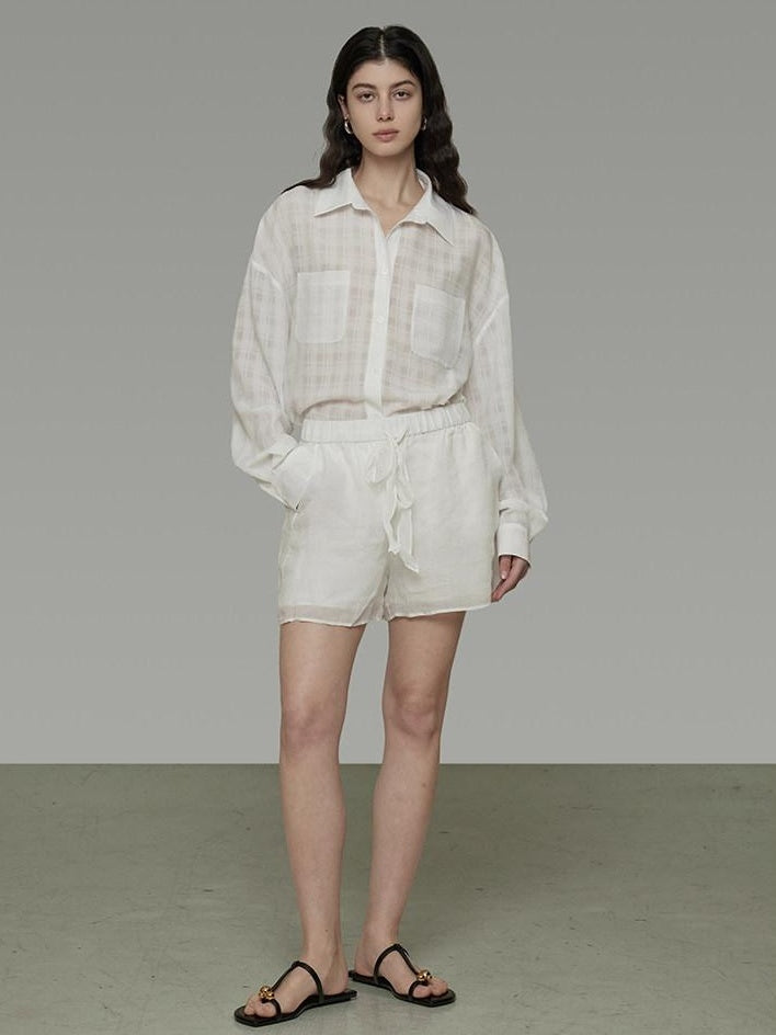 unspoken Pure Ramie Tie Waist Straight Leg Minimal Workwear Women White Mid-Length Shorts