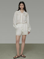 unspoken Pure Ramie Tie Waist Straight Leg Minimal Workwear Women White Mid-Length Shorts