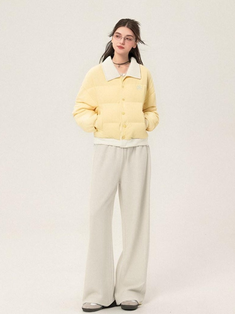 ikyou Embroidered High Waist Minimalist Office Beige Elastic Waist Wide Leg Pants