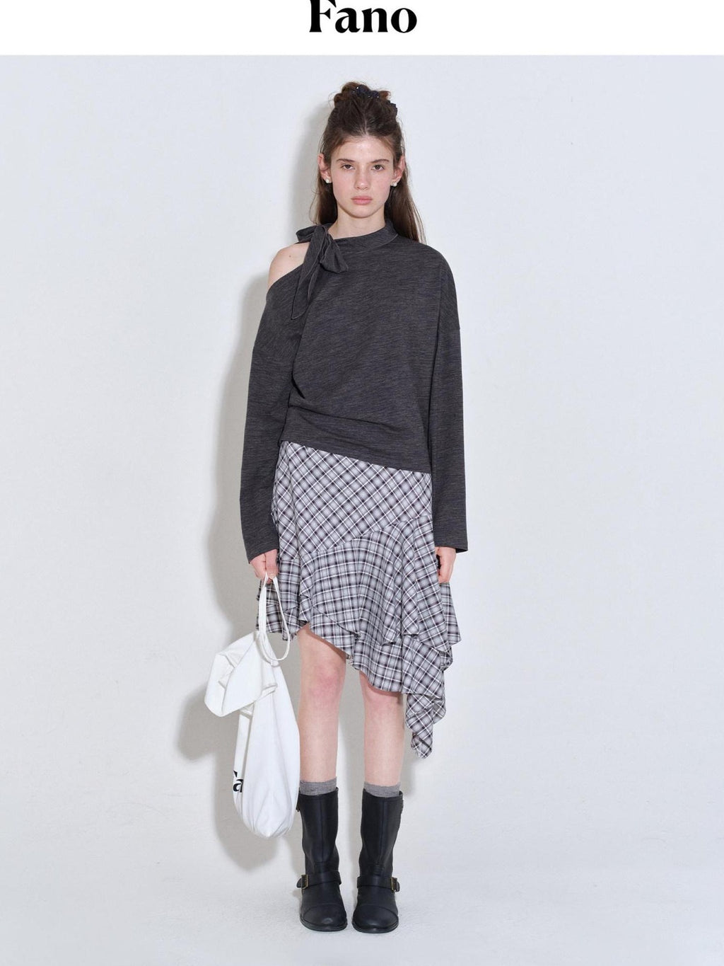 fano Plaid Asymmetric Hem Mid Waist Loose Casual Women Polyester Blend Midi Skirts