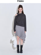 fano Plaid Asymmetric Hem Mid Waist Loose Casual Women Polyester Blend Midi Skirts