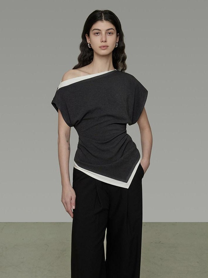 unspoken Slim Fit Colorblock Short Sleeve Pullover Slanted Collar Office Rayon Blouses
