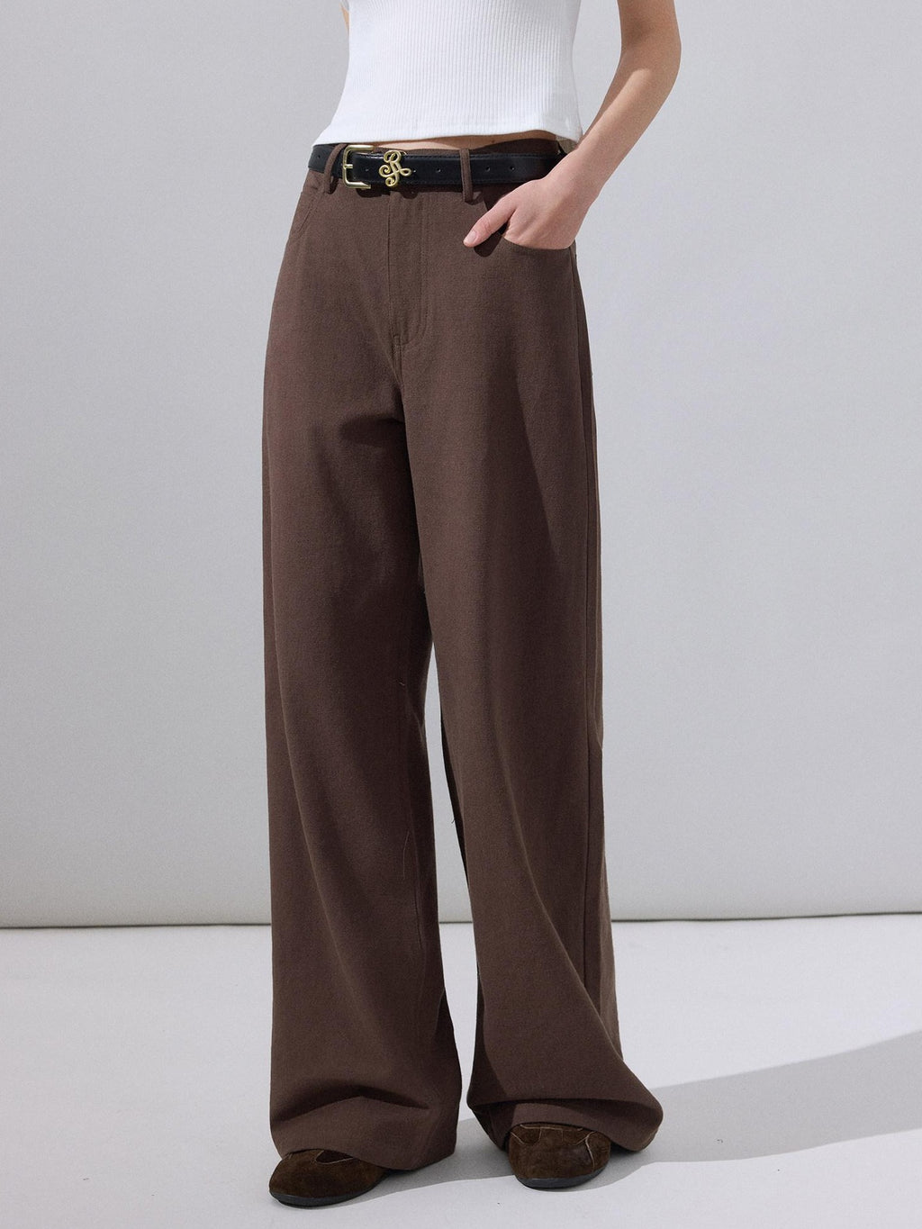 ikyou Stain Resistant Cotton Embroidered Natural Waist Brown Rigid Wide Leg Jeans
