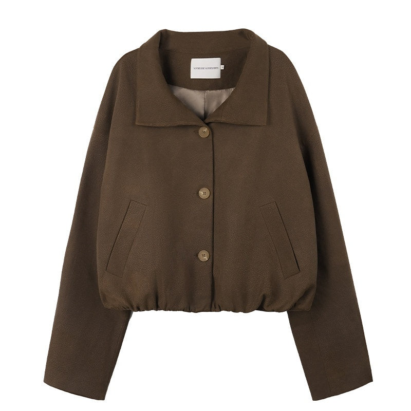 someonesometimes Stretch Polyester Vintage Loose Short Zip Women Coffee Brown Cropped Jackets