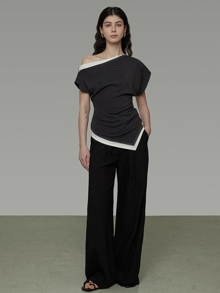 unspoken Slim Fit Colorblock Short Sleeve Pullover Slanted Collar Office Rayon Blouses