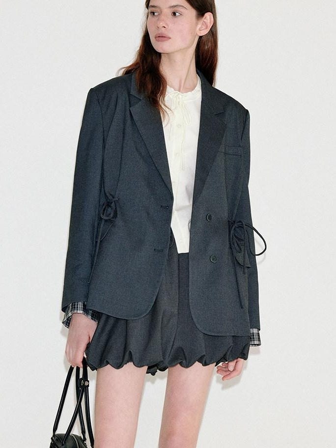 fano Deep Gray Solid Single Button Blazer Loose Fit Women Workwear Top & Skirt Sets
