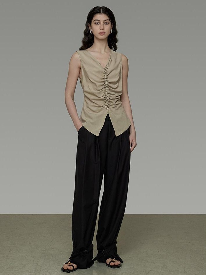 unspoken Ruched Soft Viscose Loose Workwear Women Khaki Solid Off Shoulder Crop Tops