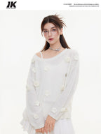 ikyou Warm Wool Blend Pullover Loose Crochet 3D Detail Office Boat Neck White Sweaters