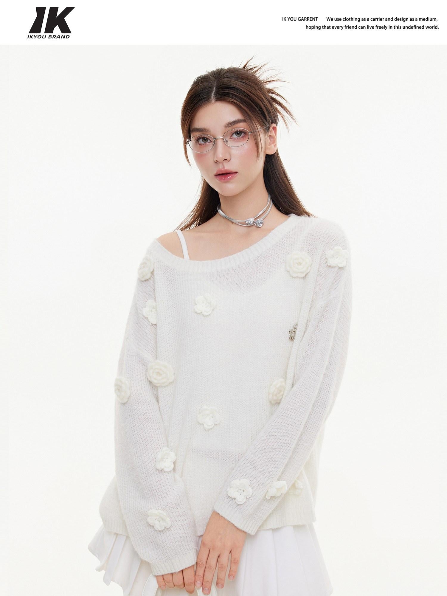 ikyou Warm Wool Blend Pullover Loose Crochet 3D Detail Office Boat Neck White Sweaters
