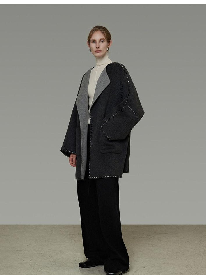 unspoken Warm Thick 3D Tailored Loose Fit Lapel Collar Commuter Women Charcoal Wool Coats