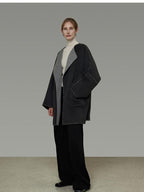 unspoken Warm Thick 3D Tailored Loose Fit Lapel Collar Commuter Women Charcoal Wool Coats