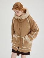 fano Warm Wool Blend Hooded Loose Patchwork Womens Commuter Long Coats
