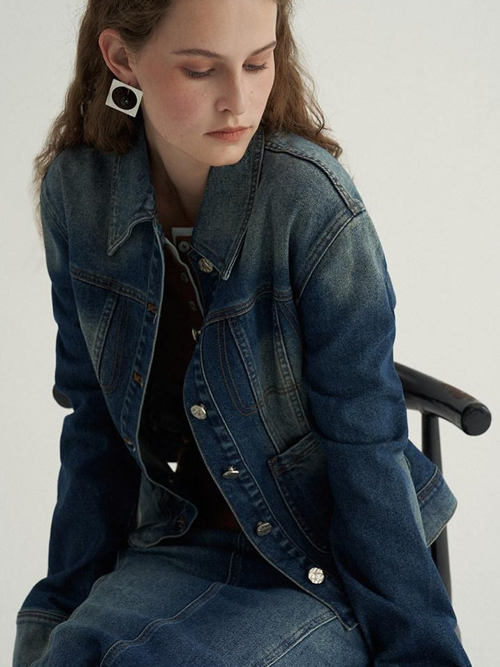 someone sometimes High Cotton Denim Blue Long Sleeve Collared Buttoned Women Top & Skirt Sets