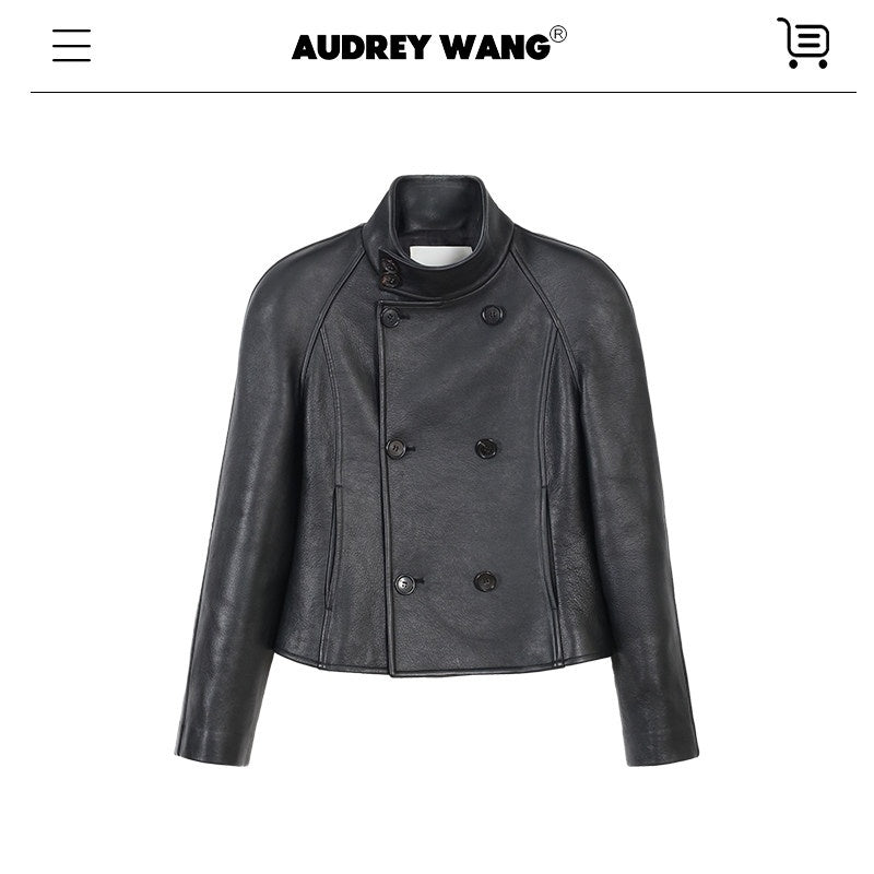 audreyyang_Lambskin_Vintage_Loose_Women_Double_Breasted_Black_Leather_Jackets_MISSTT