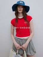 Lofi choose Loose Fit Round Neck Commuter Office Red Blue Short Sleeve T-Shirts