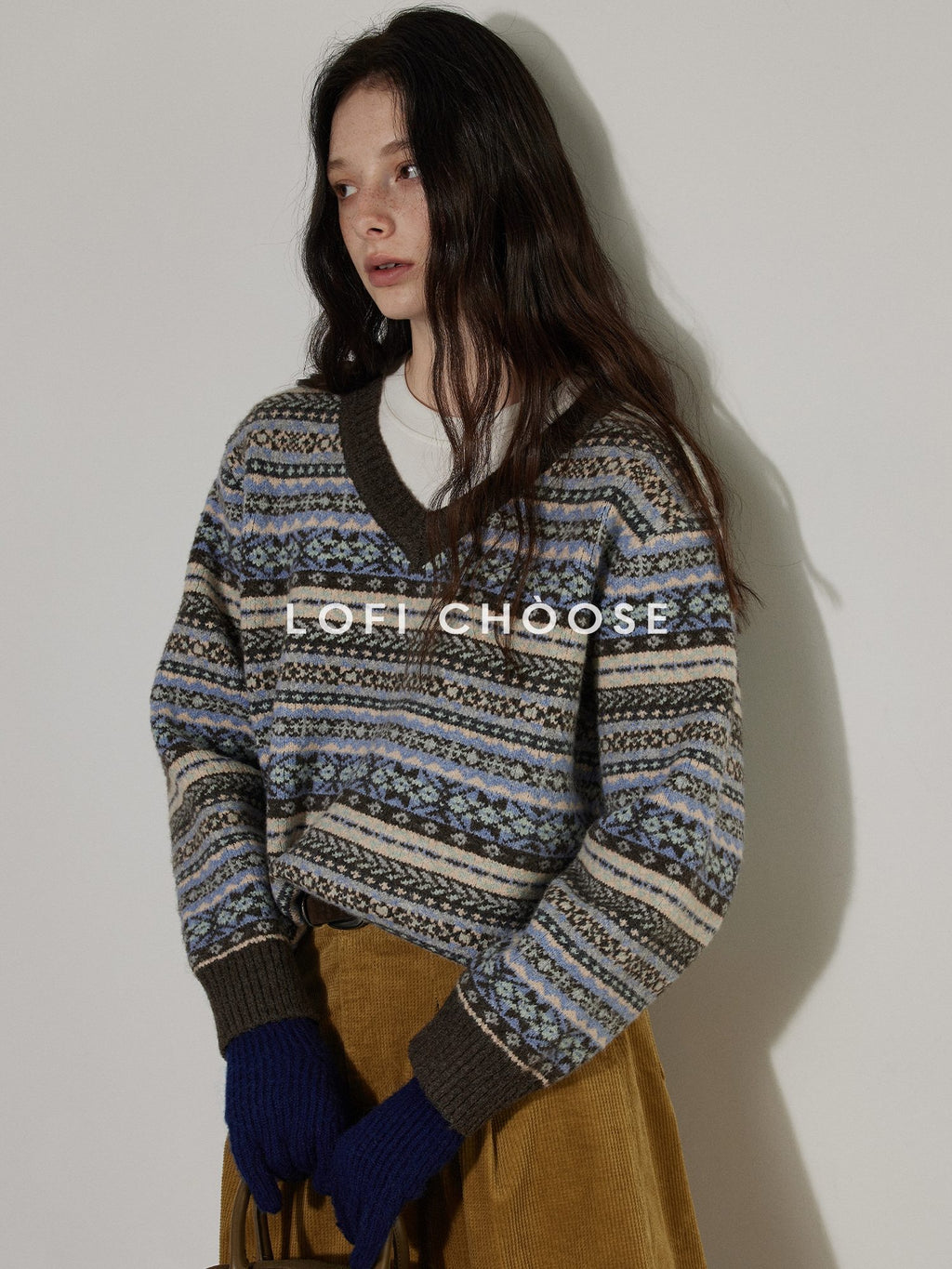 Lofi choose Cozy Thick V-neck Oversized Commuter Knit Pullover Brown Sweaters