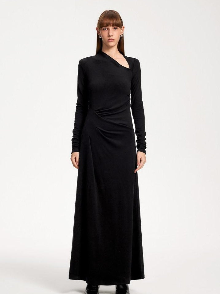 someone sometimes Elegant Long Sleeve Acrylic Blend Asymmetric Hem Women Black Maxi Dresses