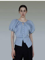 unspoken Breathable Cotton Tie Waist Puff Sleeve Commuter Women Round Neck Button Blouses
