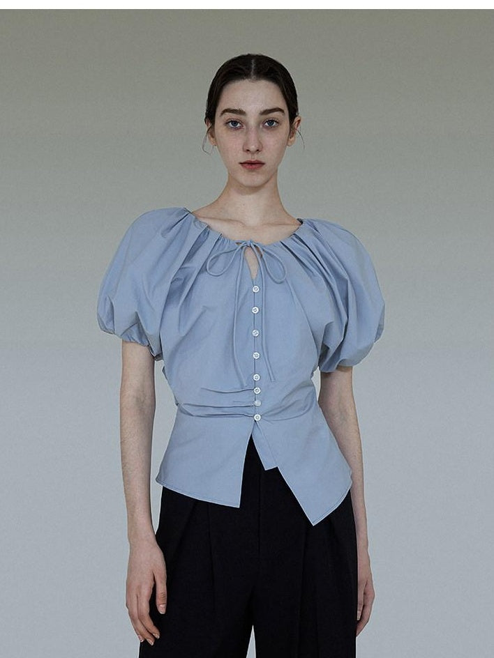 unspoken Breathable Cotton Tie Waist Puff Sleeve Commuter Women Round Neck Button Blouses
