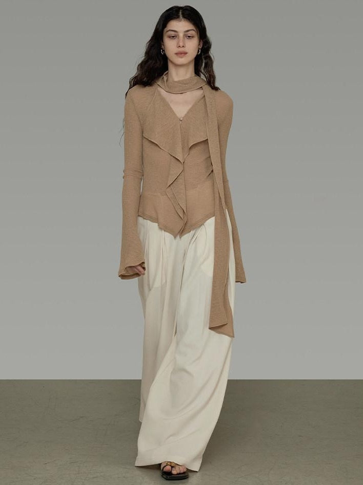 unspoken Slim Ruffle V-neck Bell Sleeve Knit Pullover Women Ginger Yellow Blouses