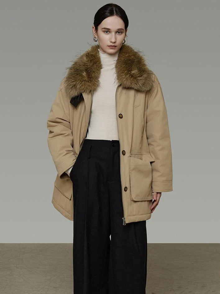 unspoken Thick Cotton Oversized Midlength Single Breasted Khaki Puffer Jackets
