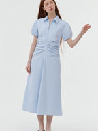fano 100% Cotton Puff Sleeve A Line Natural Waist Solid Blue Zipper Maxi Dresses
