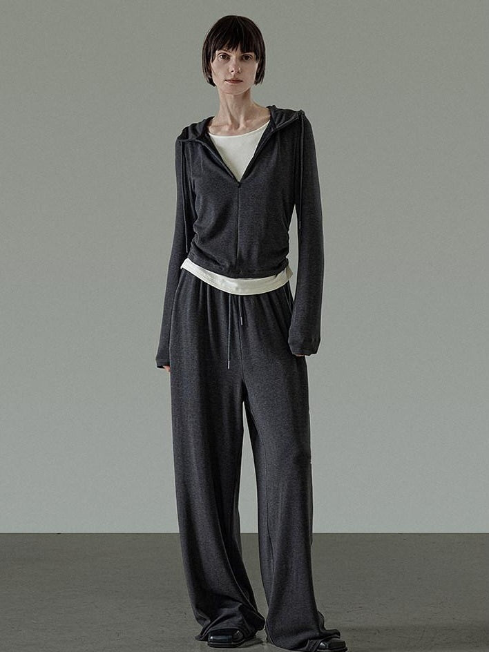 unspoken Soft Viscose Two Piece Hooded Zip Up Loose Minimal Female Deep Gray Lounge Sets