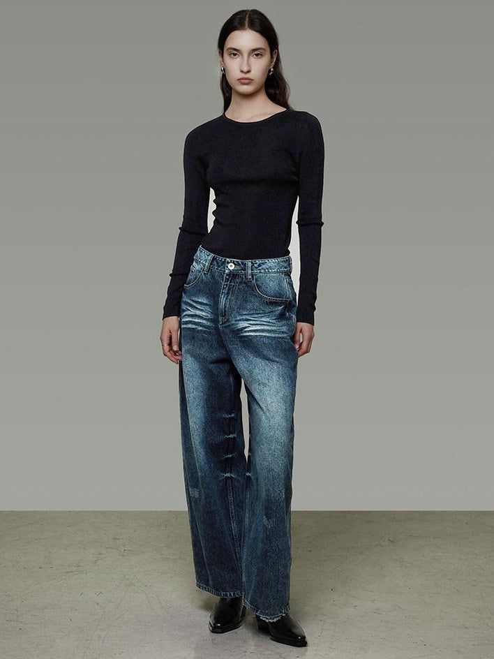 unspoken Washed High Waist Durable Workwear Vintage Blue Button Fly Rigid Wide Leg Jeans