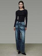 unspoken Washed High Waist Durable Workwear Vintage Blue Button Fly Rigid Wide Leg Jeans