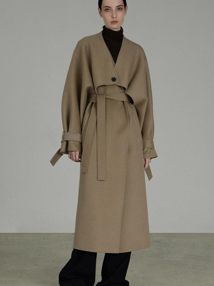 unspoken Pure Sheep Wool Long V-neck Straight Cut With Pockets Commuter Wool Coats