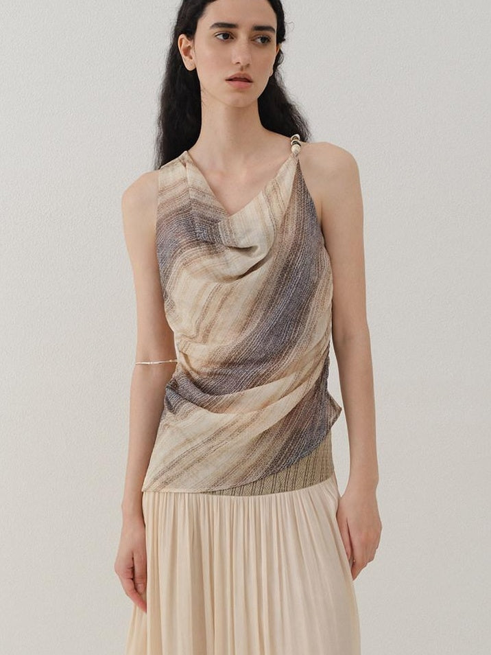 someonesometimes Original Asymmetric Patchwork Striped Slim Curve Khaki Brown For Women Vest
