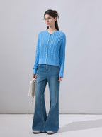 ikyou Soft Cotton Blend Preppy Regular Button Front Blue Casual Women Logo Cardigans