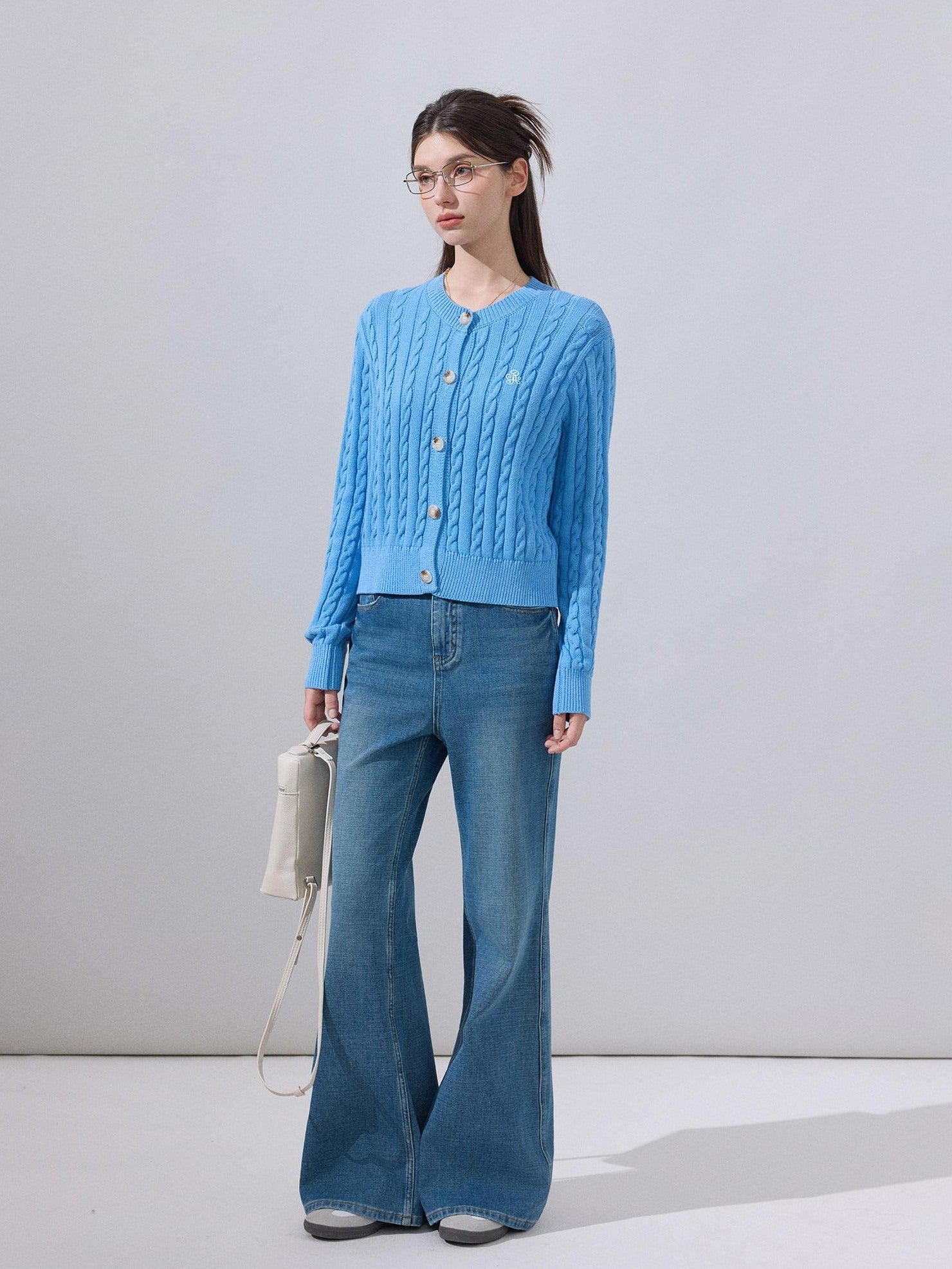 ikyou Soft Cotton Blend Preppy Regular Button Front Blue Casual Women Logo Cardigans