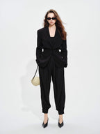 audreyyang High Stretch Elastic Waist Tapered Casual Women Black Polyester Sweatpants