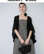 audreyyang Light Hemp Knit Relaxed Batwing V-neck Women Black Open Front Cardigans