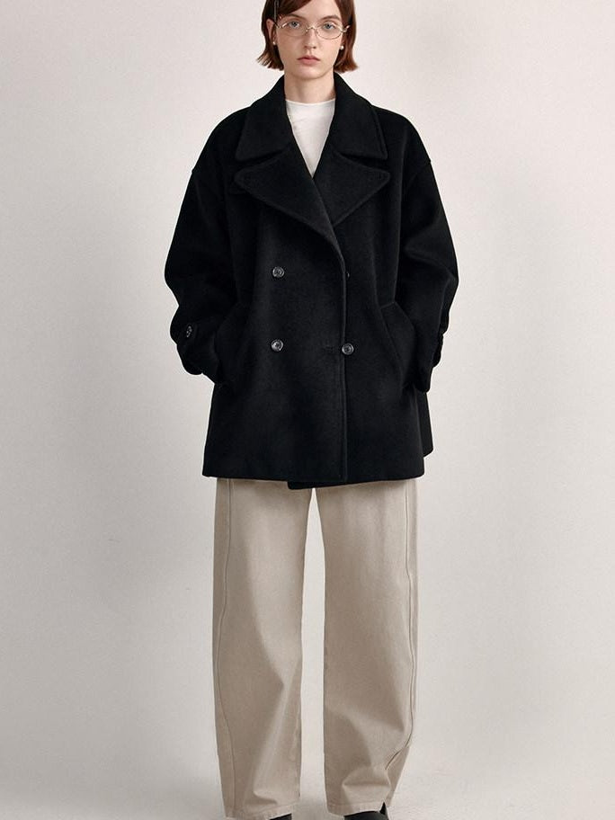 fano Double Breasted Stand Collar Commuter Loose Fit Women Black Pocket Wool Coats