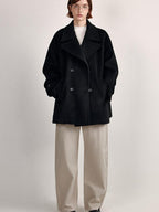 fano Double Breasted Stand Collar Commuter Loose Fit Women Black Pocket Wool Coats