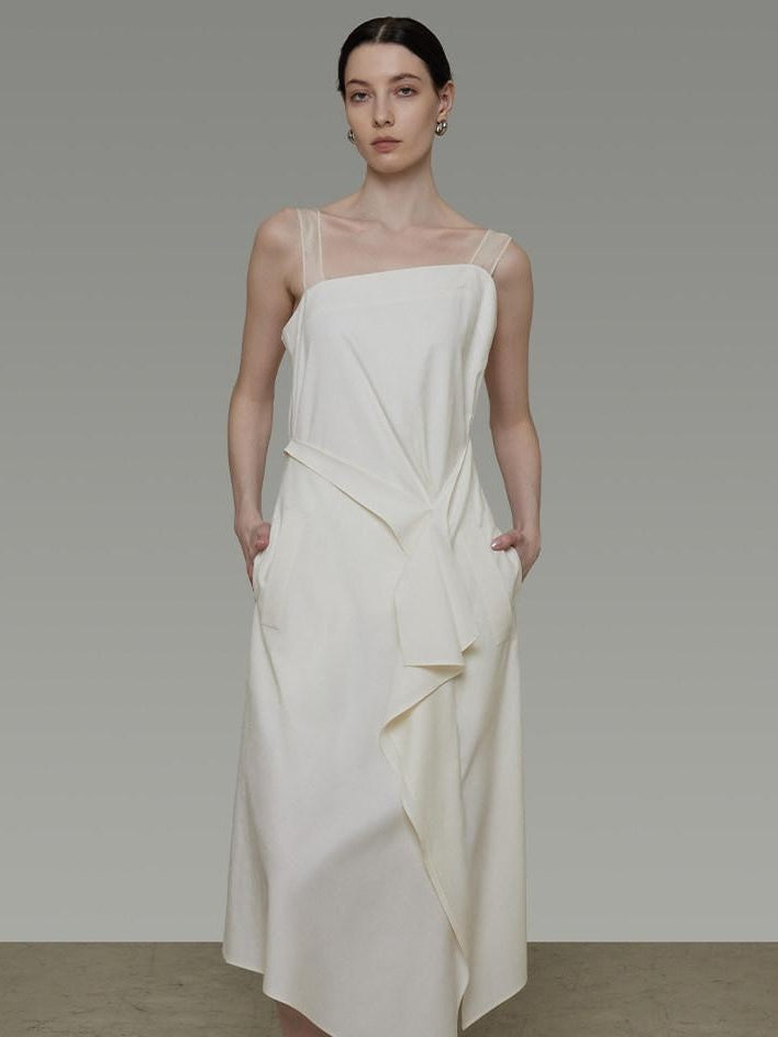 unspoken Cinched Waist Minimalist Asymmetric Spaghetti Strap A Line Midi Maxi Dresses