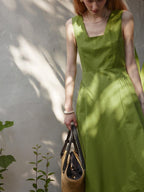 fano Cotton High Waist Pleated Minimal A Line Square Neck Women Maxi Dresses
